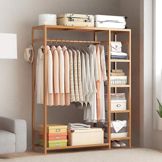 Bamboo Clothes Rail Garment Rack Open Wardrobe Coat Stands with 4-tier Storage Shelves Royalcart