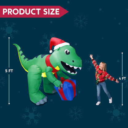 5ft Tall Dinosaur Christmas Inflatable Decoration, Blow Up Dinosaur with Gift Box Inflatable Build-in LEDs