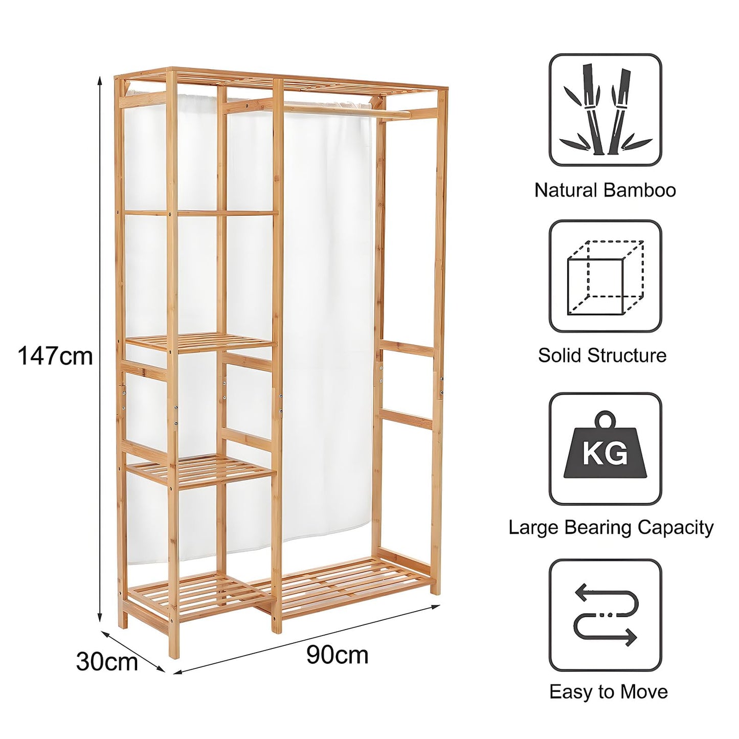 Bamboo Clothes Rail Garment Rack Open Wardrobe Coat Stands with 4-tier Storage Shelves Royalcart