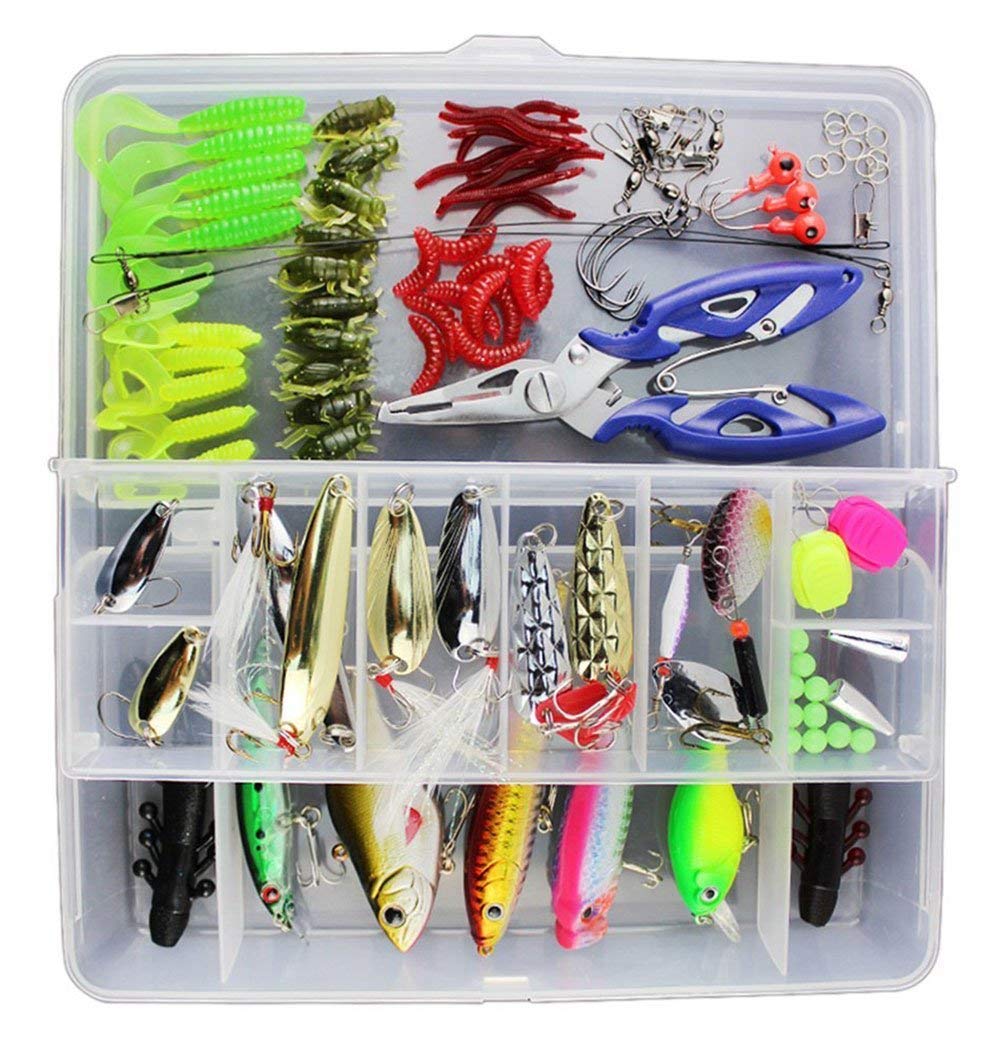 120 PCS Fishing Lures Mixed Including Spinners,VIB,Treble Hooks,Single Hooks,Swivels,Pliers and Tackle Box