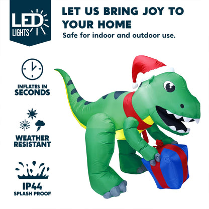 5ft Tall Dinosaur Christmas Inflatable Decoration, Blow Up Dinosaur with Gift Box Inflatable Build-in LEDs