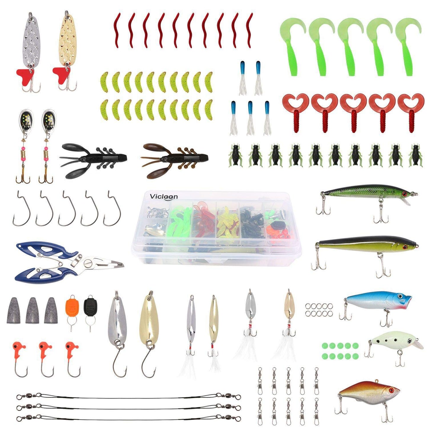 120 PCS Fishing Lures Mixed Including Spinners,VIB,Treble Hooks,Single Hooks,Swivels,Pliers and Tackle Box
