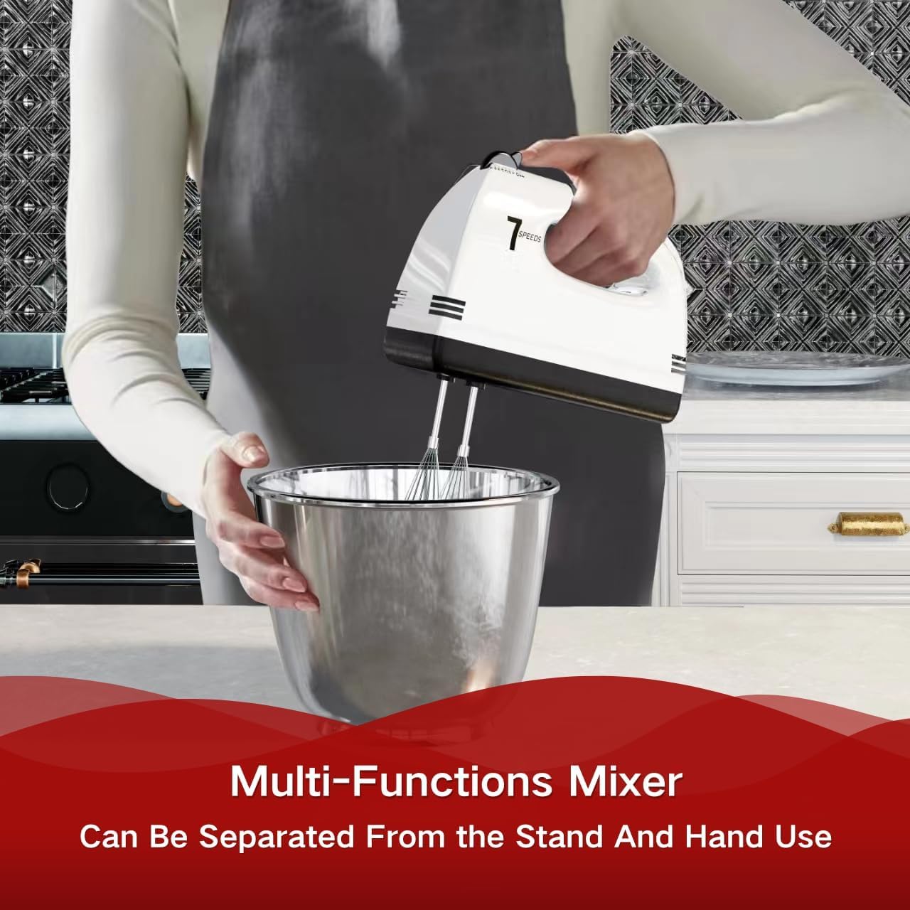 7 Speeds With 3QT Stainless Steel Bowl, Stand and Hand Mixer with Dough Hook, Whisk, Mixing Royalcart