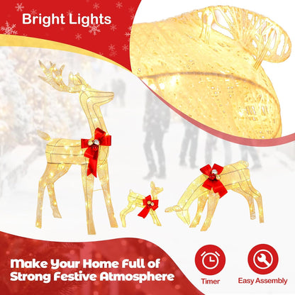 3 Pieces Garden Christmas Reindeer Figure Decorations with White Lights, Pre-Lit Xmas Ornament for Holiday Festival Royalcart
