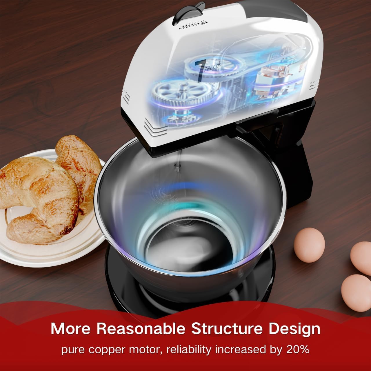 7 Speeds With 3QT Stainless Steel Bowl, Stand and Hand Mixer with Dough Hook, Whisk, Mixing Royalcart
