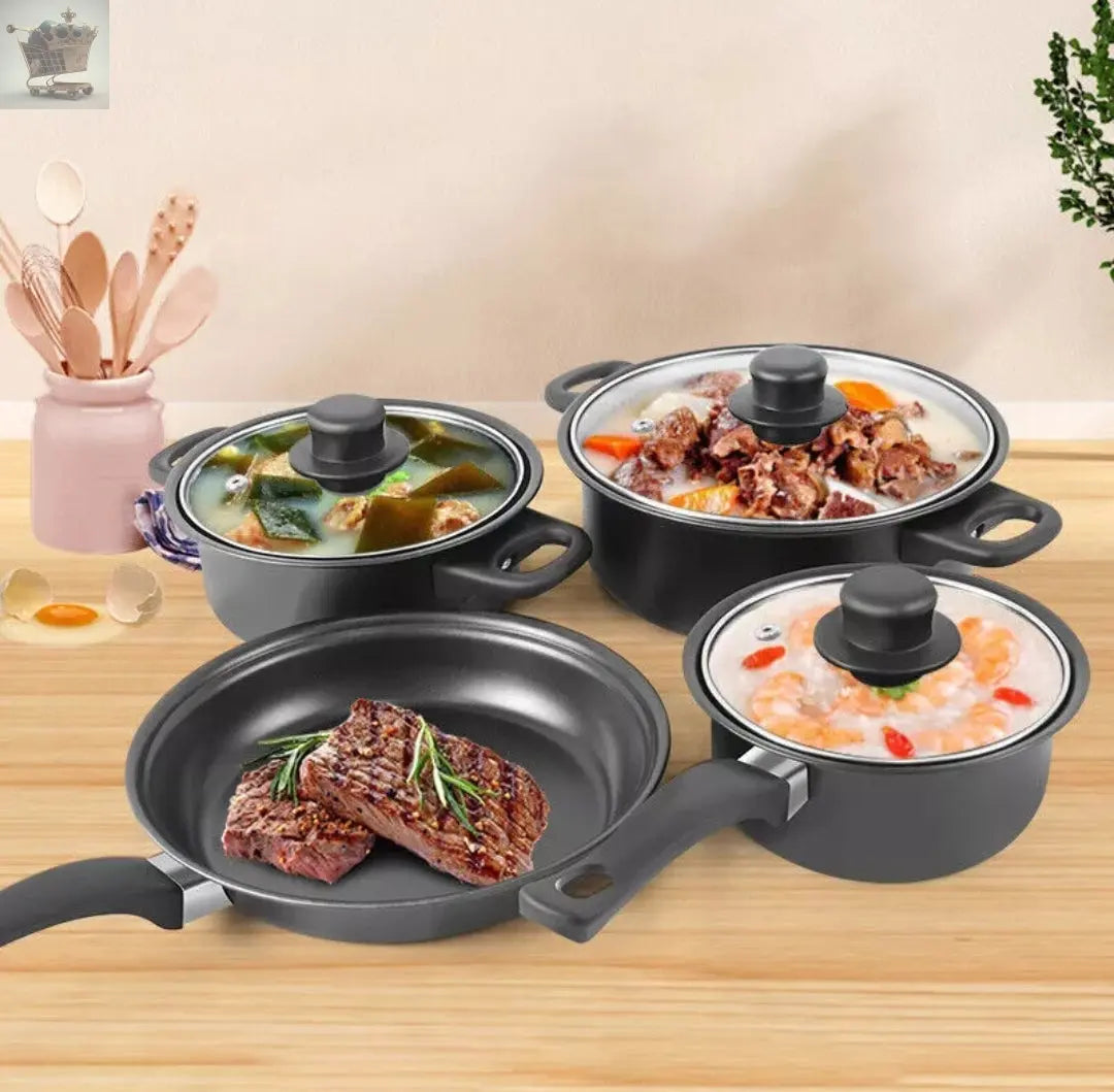 7PC COOKWARE SET STEEL PAN POT CARBON NON STICK SAUCEPAN GLASS LID KITCHEN FRY Royalcart