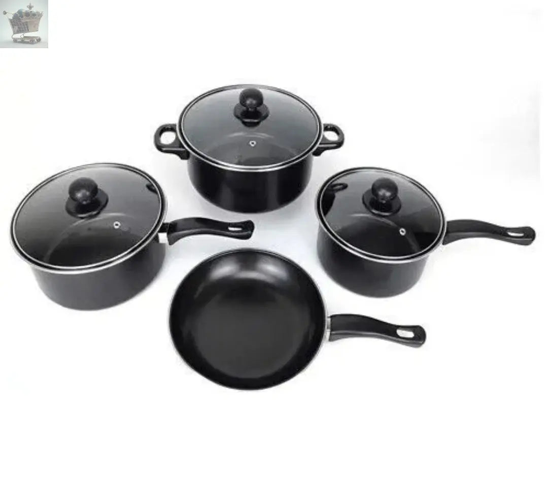 7PC COOKWARE SET STEEL PAN POT CARBON NON STICK SAUCEPAN GLASS LID KITCHEN FRY Royalcart