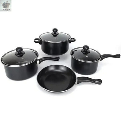 7PC COOKWARE SET STEEL PAN POT CARBON NON STICK SAUCEPAN GLASS LID KITCHEN FRY Royalcart