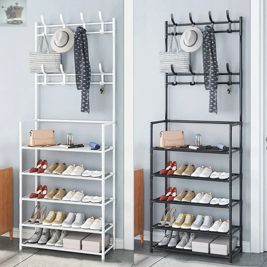 8 Hooks Coat and Hat Stand Metal+Plastic Shoe Rack Bedroom 5 Tiers Shelf Hanger Gearcourt