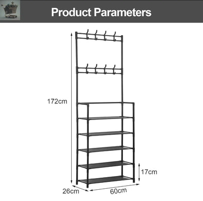 8 Hooks Coat and Hat Stand Metal+Plastic Shoe Rack Bedroom 5 Tiers Shelf Hanger Gearcourt