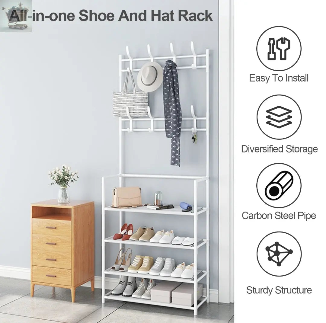 8 Hooks Coat and Hat Stand Metal+Plastic Shoe Rack Bedroom 5 Tiers Shelf Hanger Gearcourt