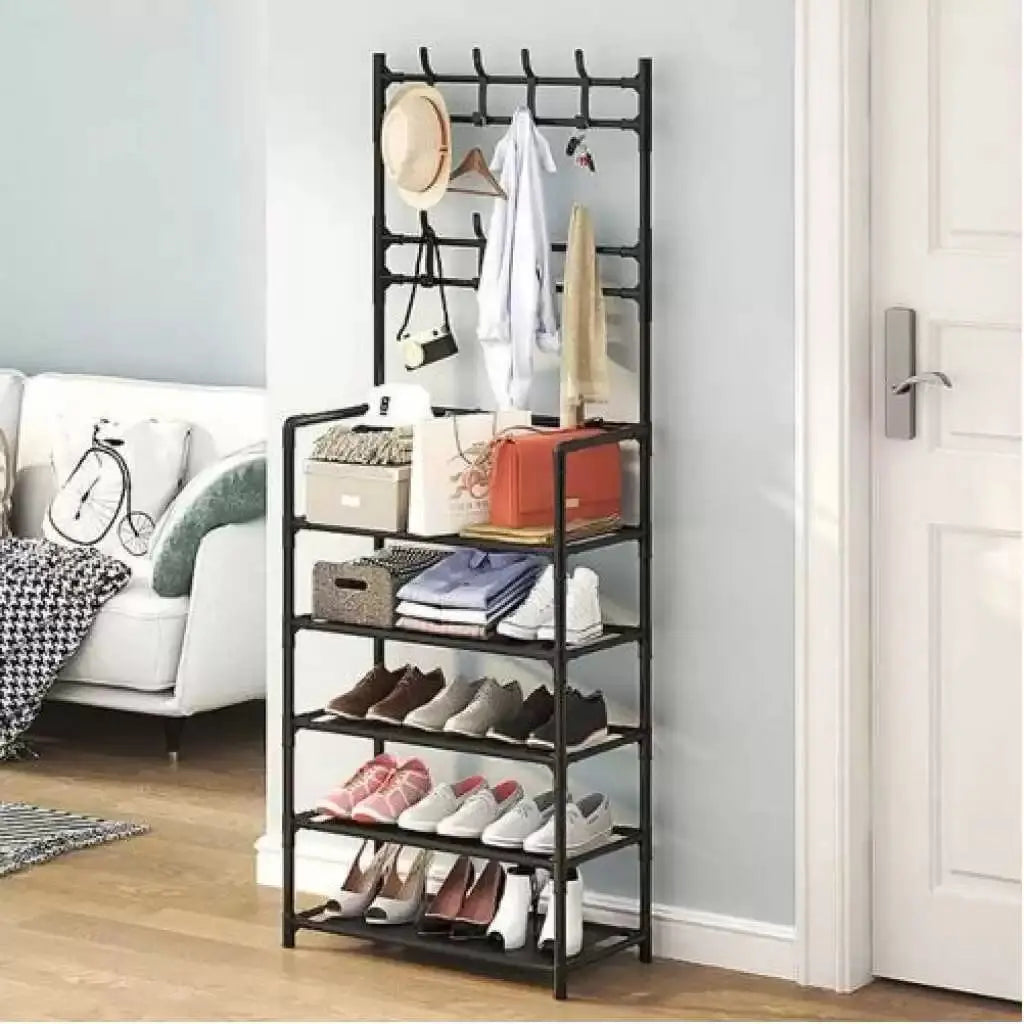 8 Hooks Coat and Hat Stand Metal+Plastic Shoe Rack Bedroom 5 Tiers Shelf Hanger Gearcourt