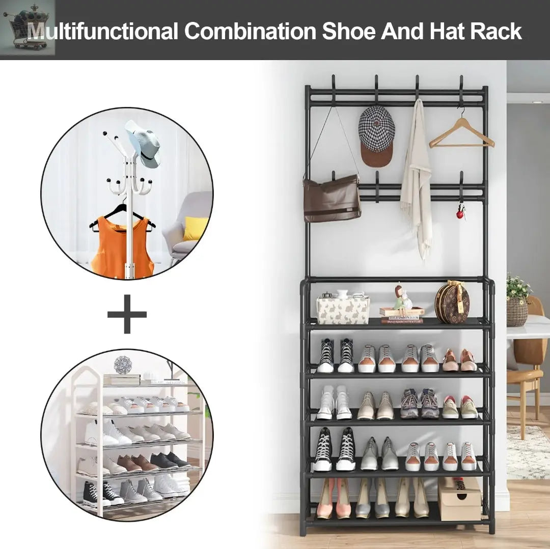 8 Hooks Coat and Hat Stand Metal+Plastic Shoe Rack Bedroom 5 Tiers Shelf Hanger Gearcourt