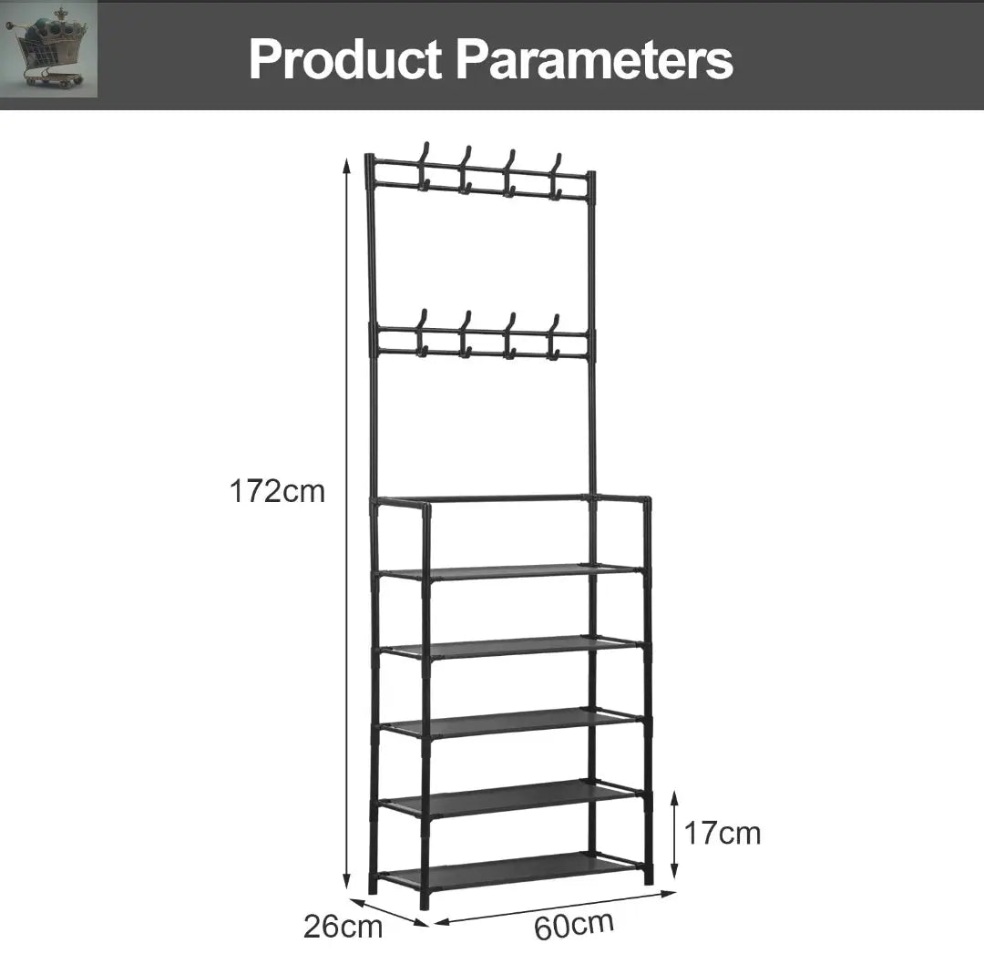 8 Hooks Coat and Hat Stand Metal+Plastic Shoe Rack Bedroom Shelf Hanger Gearcourt