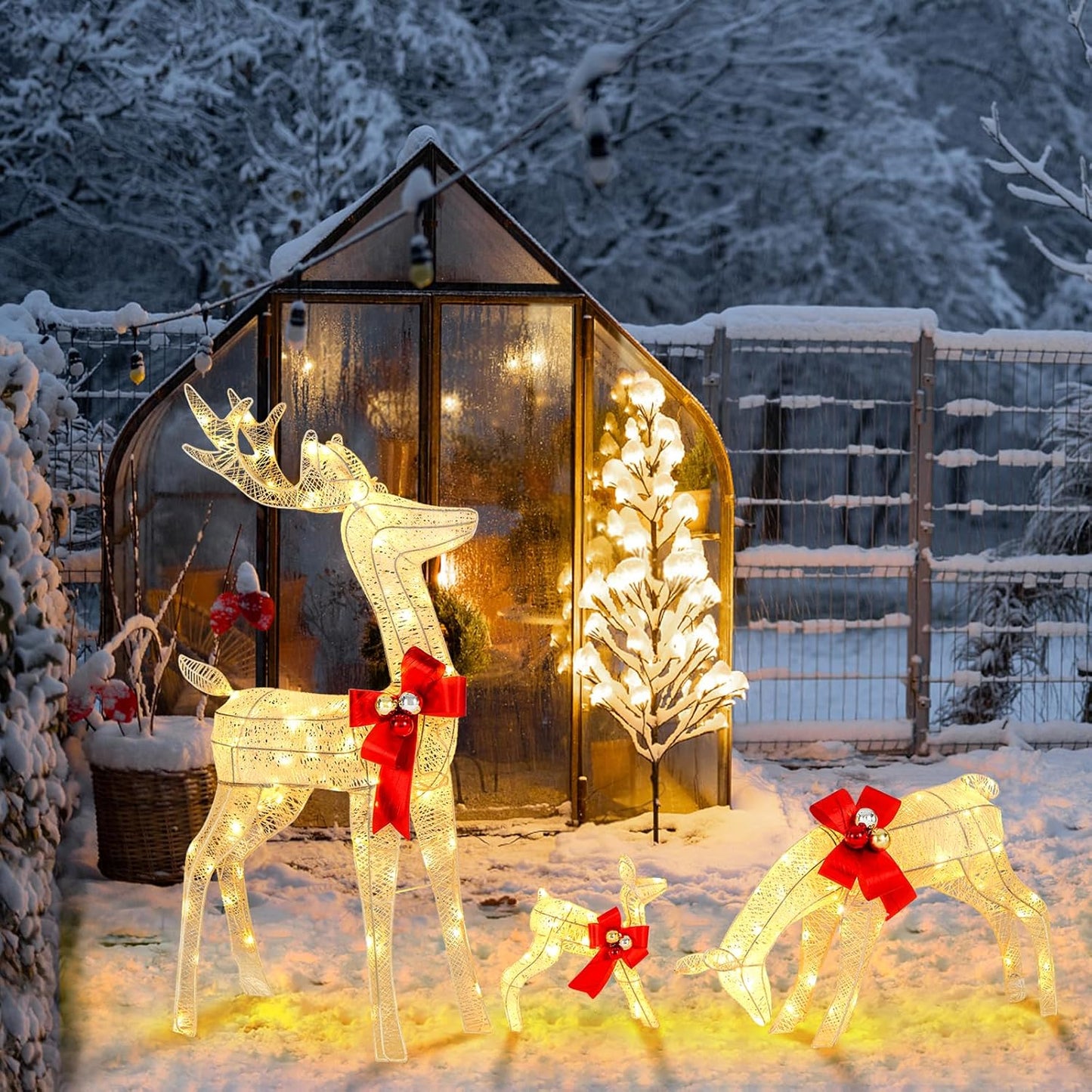 3 Pieces Garden Christmas Reindeer Figure Decorations with White Lights, Pre-Lit Xmas Ornament for Holiday Festival Royalcart