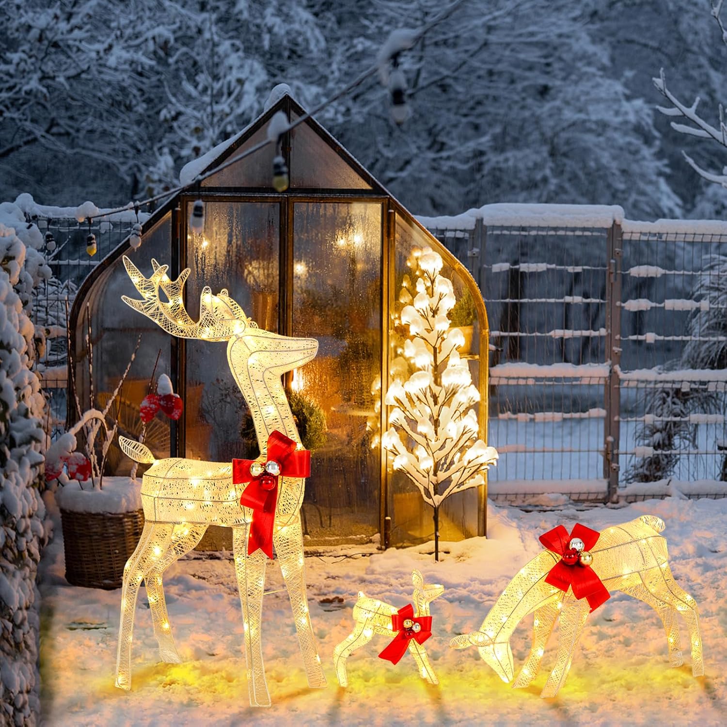 3 Pieces Garden Christmas Reindeer Figure Decorations with White Lights, Pre-Lit Xmas Ornament for Holiday Festival Royalcart