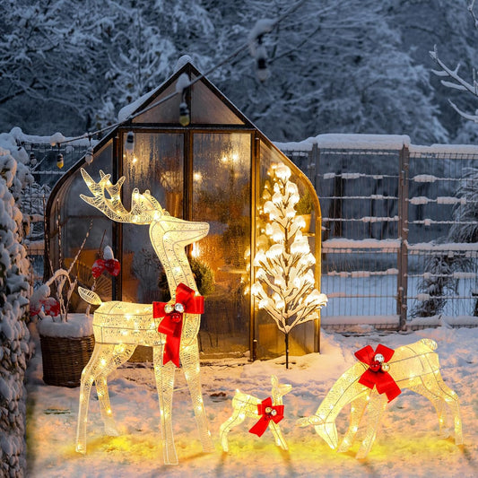 3 Pieces Garden Christmas Reindeer Figure Decorations with White Lights, Pre-Lit Xmas Ornament for Holiday Festival Royalcart