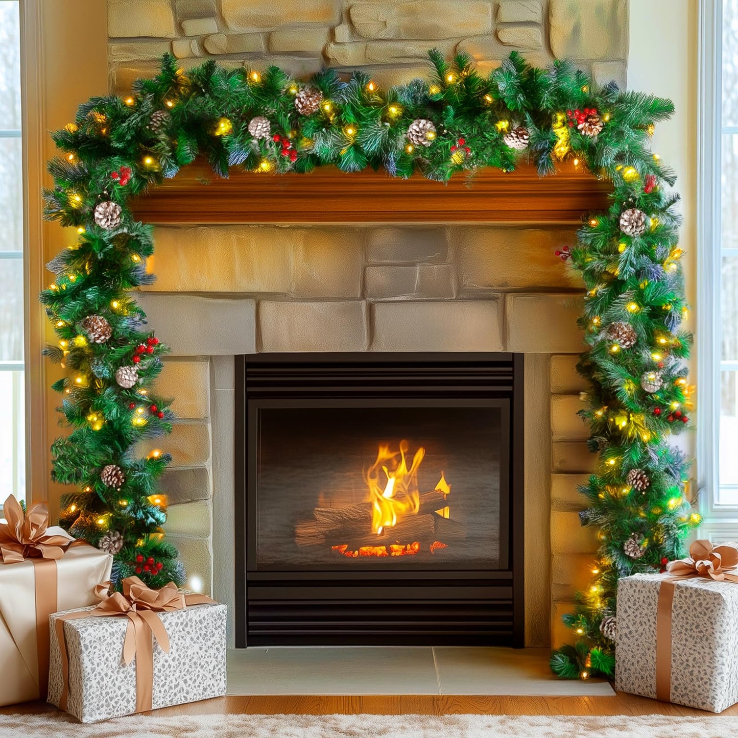 2.7M/9FT Christmas Garland with LED Lights and Pine Cones Berries