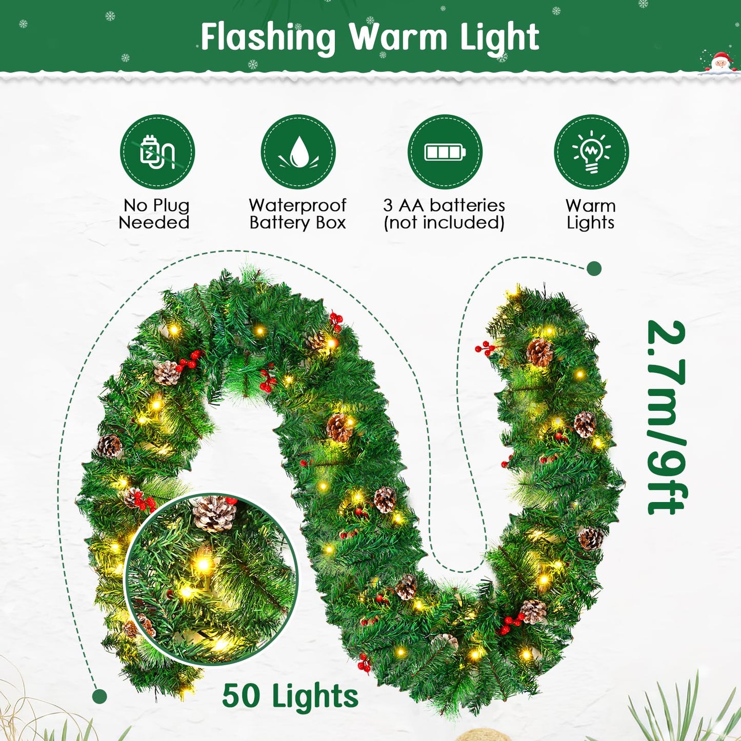 2.7M/9FT Christmas Garland with LED Lights and Pine Cones Berries