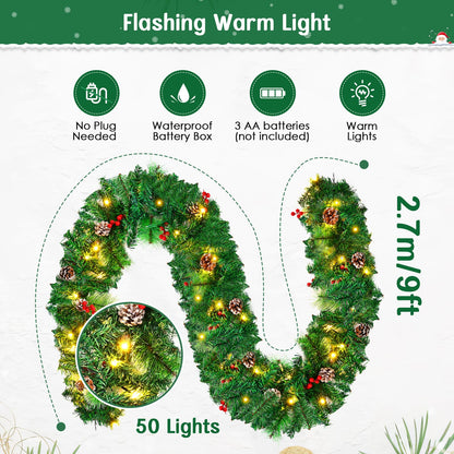 2.7M/9FT Christmas Garland with LED Lights and Pine Cones Berries