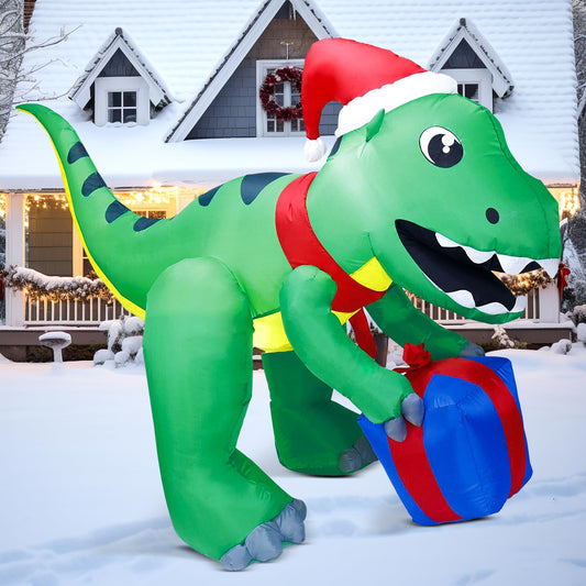 5ft Tall Dinosaur Christmas Inflatable Decoration, Blow Up Dinosaur with Gift Box Inflatable Build-in LEDs