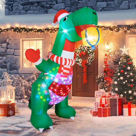 8FT Inflatable Dinosaur Christmas Outdoor Decorations Build-in Colorful LED Lights