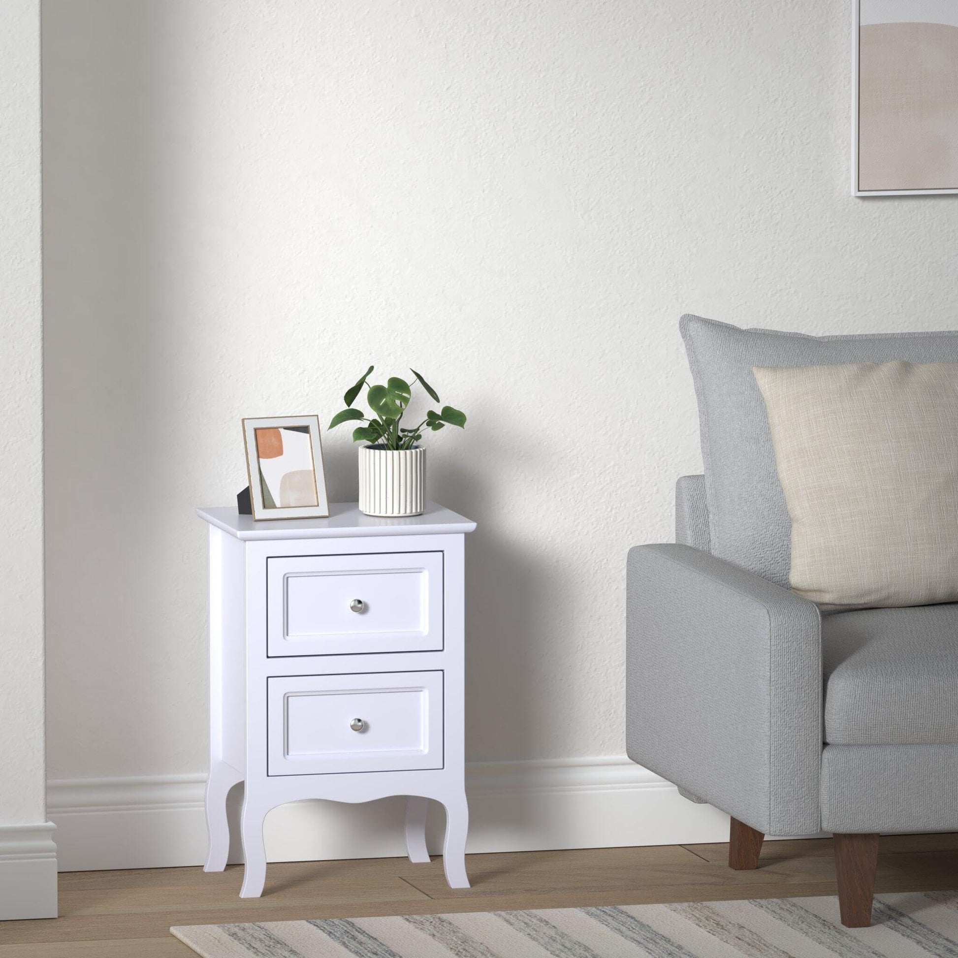 2 x Chic White Wooden Free Standing Bedroom Bedside Table Unit Cabinet Nightstand 2 Drawers Royalcart