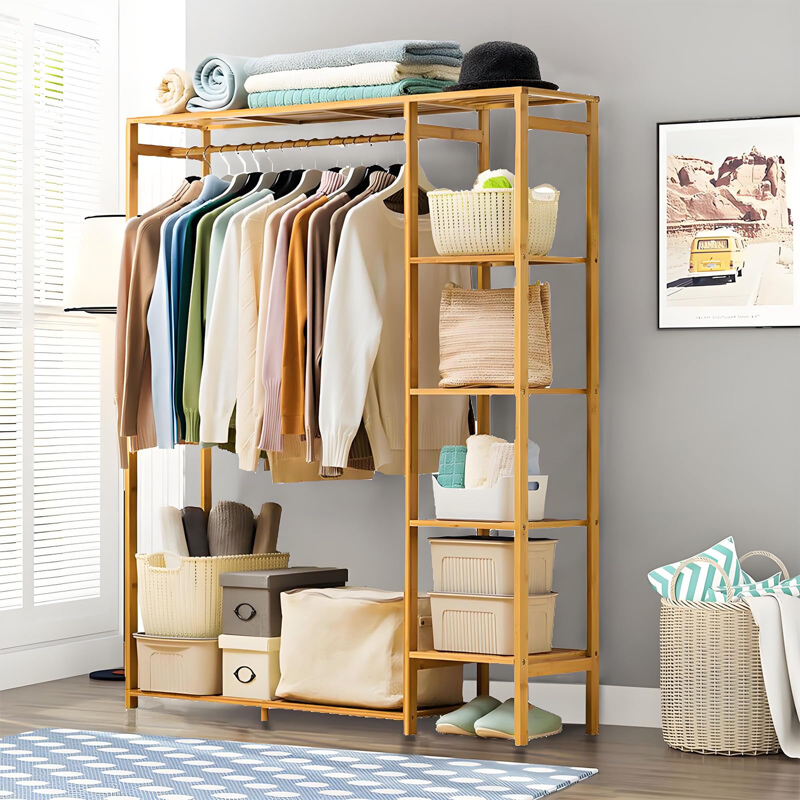 Bamboo Clothes Rail Garment Rack Open Wardrobe Coat Stands with 4-tier Storage Shelves Royalcart