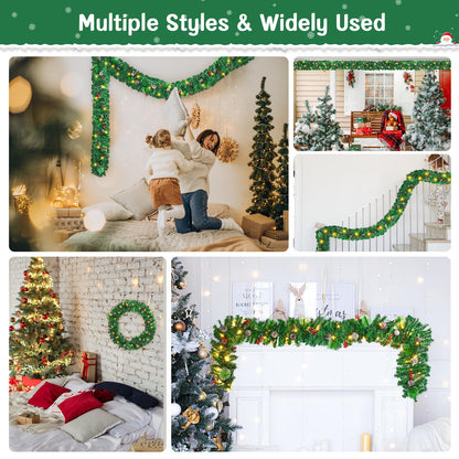 2.7M/9FT Christmas Garland with LED Lights and Pine Cones Berries