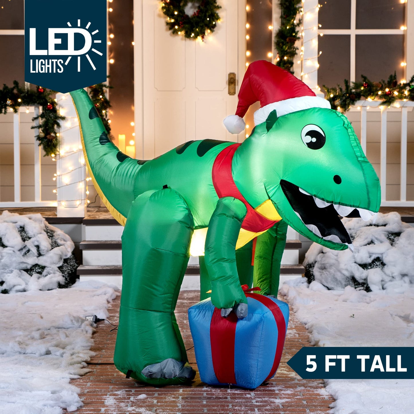 5ft Tall Dinosaur Christmas Inflatable Decoration, Blow Up Dinosaur with Gift Box Inflatable Build-in LEDs