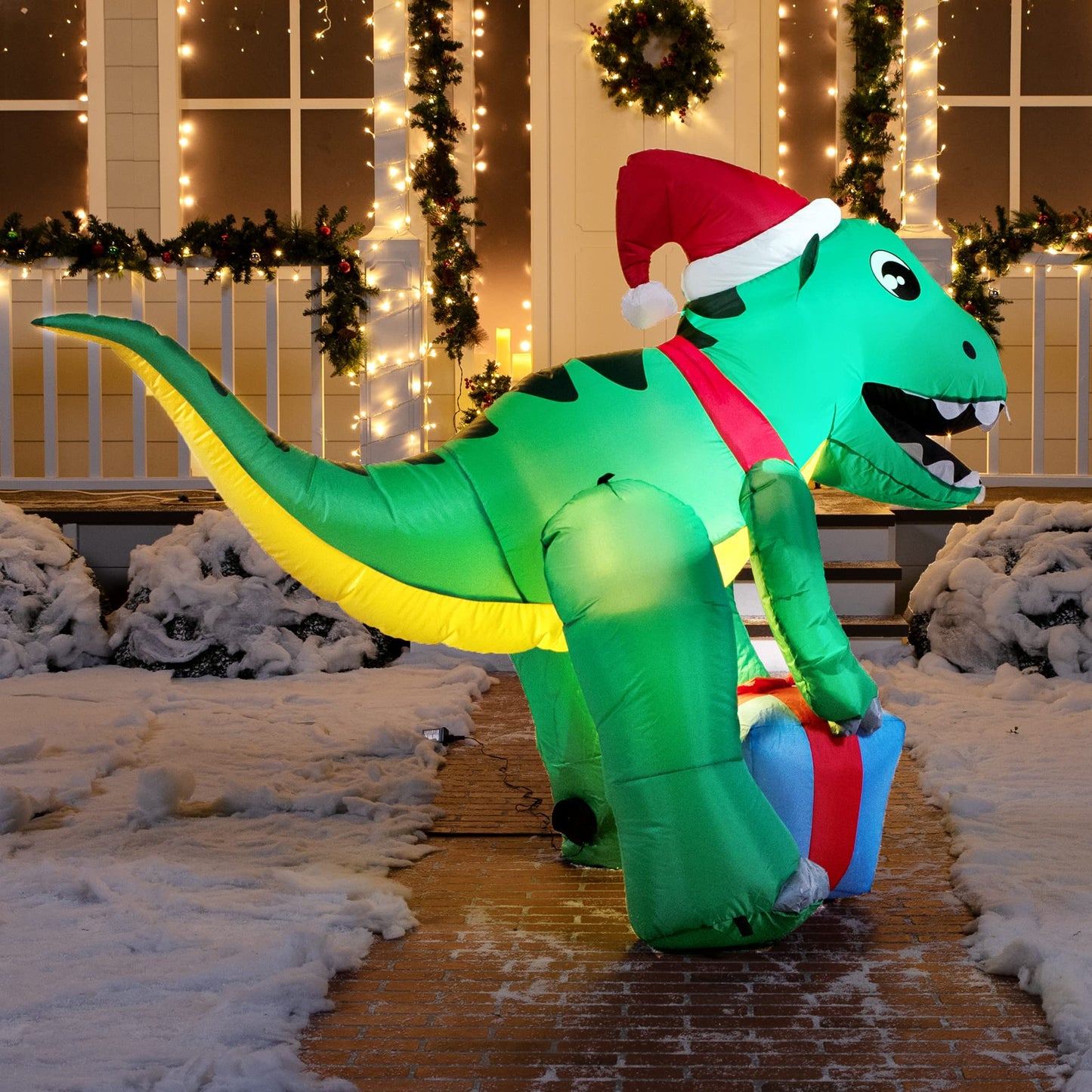 5ft Tall Dinosaur Christmas Inflatable Decoration, Blow Up Dinosaur with Gift Box Inflatable Build-in LEDs