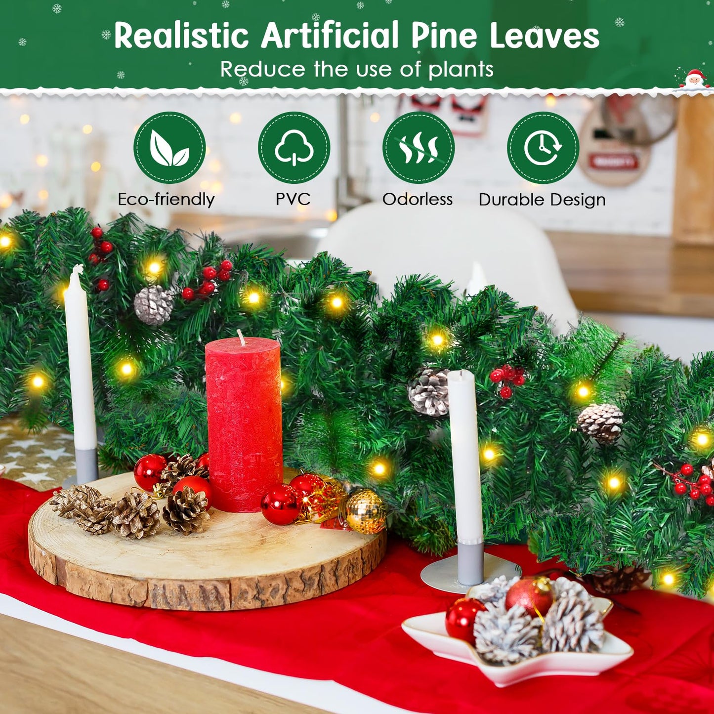 2.7M/9FT Christmas Garland with LED Lights and Pine Cones Berries