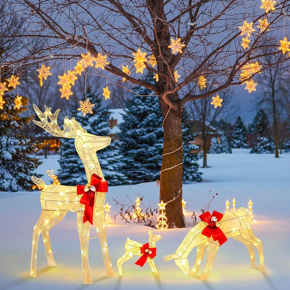 3 Pieces Garden Christmas Reindeer Figure Decorations with White Lights, Pre-Lit Xmas Ornament for Holiday Festival Royalcart