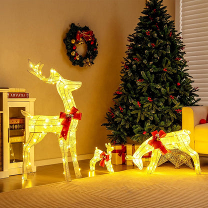 3 Pieces Garden Christmas Reindeer Figure Decorations with White Lights, Pre-Lit Xmas Ornament for Holiday Festival Royalcart