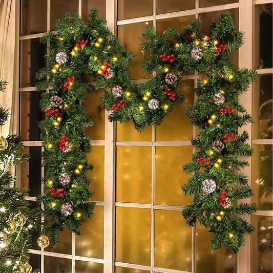 2.7M/9FT Christmas Garland with LED Lights and Pine Cones Berries