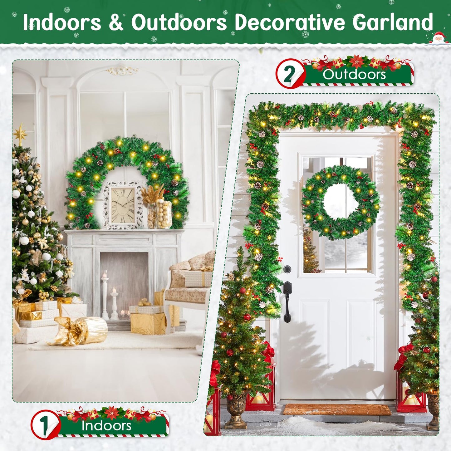 2.7M/9FT Christmas Garland with LED Lights and Pine Cones Berries