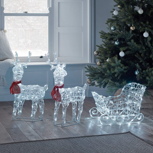 Christmas Battery Operated Figure Light Up Acrylic Reindeer & Sleigh Garden Decoration with LEDs