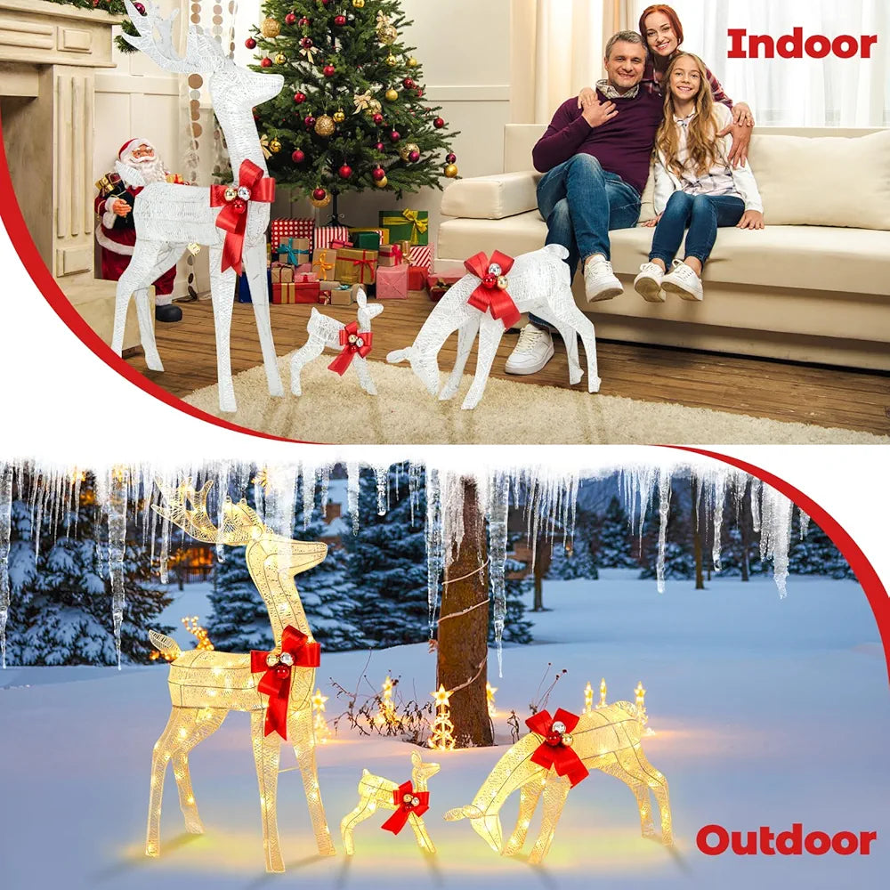 3 Pieces Garden Christmas Reindeer Figure Decorations with White Lights, Pre-Lit Xmas Ornament for Holiday Festival Royalcart