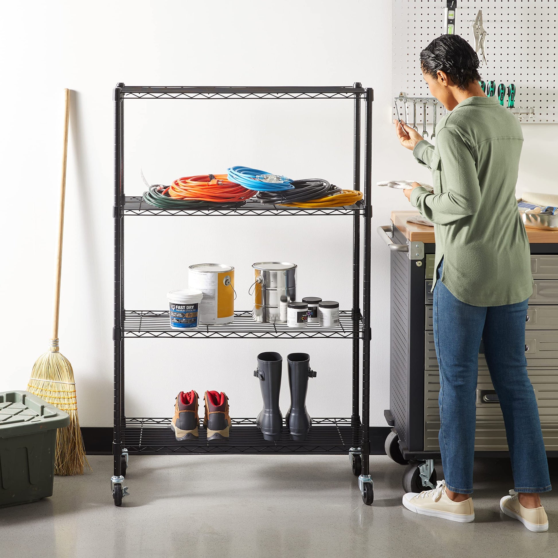 4-Shelf Narrow Storage Unit With Height Adjustable Shelves & Levelling Feet Black Royalcart