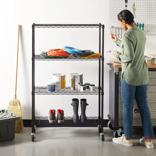 4-Shelf Narrow Storage Unit With Height Adjustable Shelves & Levelling Feet Black Royalcart