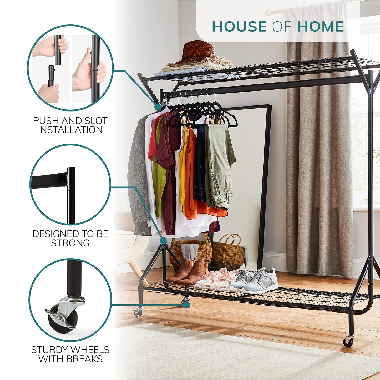 4/5/6ft Super Heavy Duty Metal Clothes Rail with Wheels - 1 Tier Rail Wardrobe Replacement - Hanging Clothing & Shoe Rack