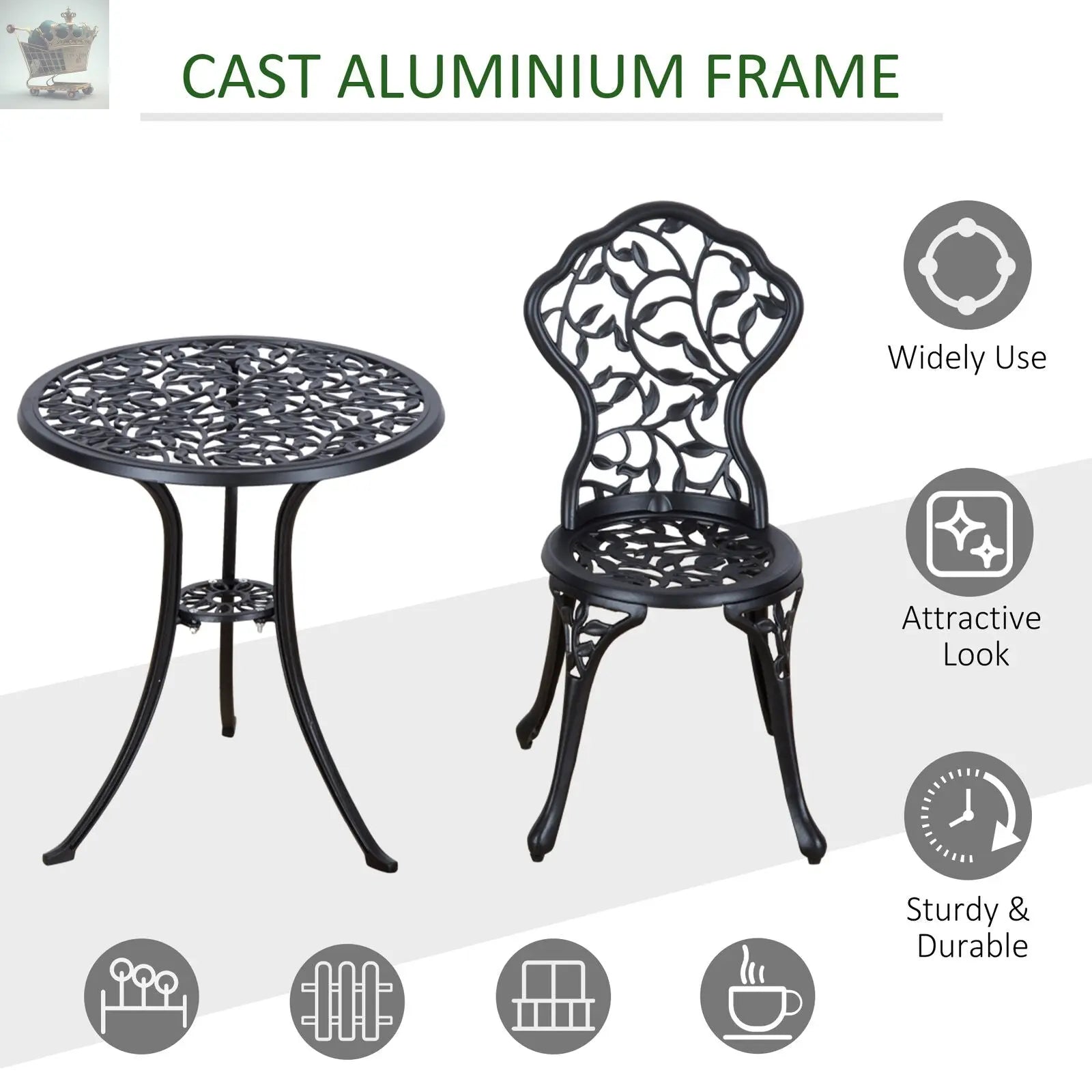 Aluminium Bistro Set Garden Coffee Table Chair Outdoor Dining Set Black Royalcart