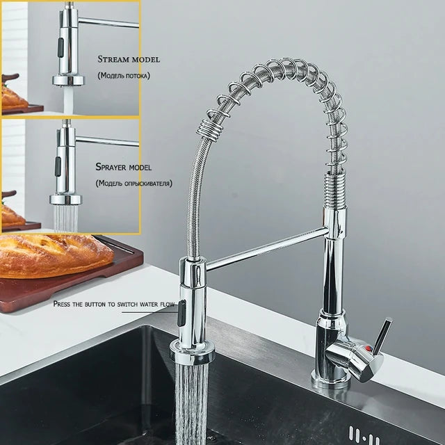 360°Chrome Spring Pull Down Kitchen Faucets Stream Spray Head Hot Cold Water Tap Stainless steel Rotation Kitchen Mixer Tap Crane