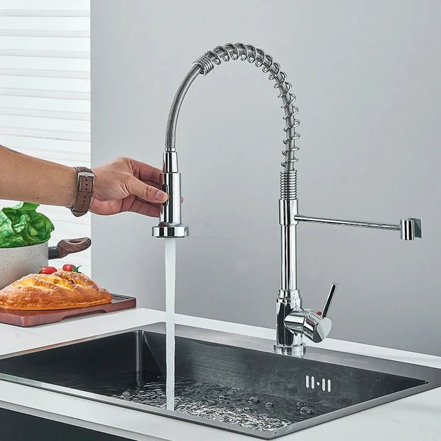 360°Chrome Spring Pull Down Kitchen Faucets Stream Spray Head Hot Cold Water Tap Stainless steel Rotation Kitchen Mixer Tap Crane