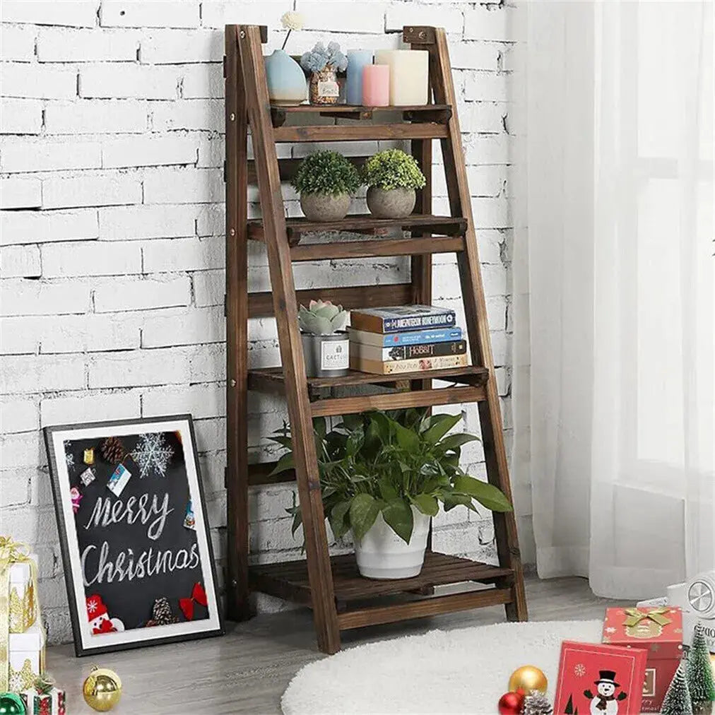 Folding 4 Tier Ladder Shelf Storage Shelving Unit Wooden Bookcase Plant Display - Royalcart