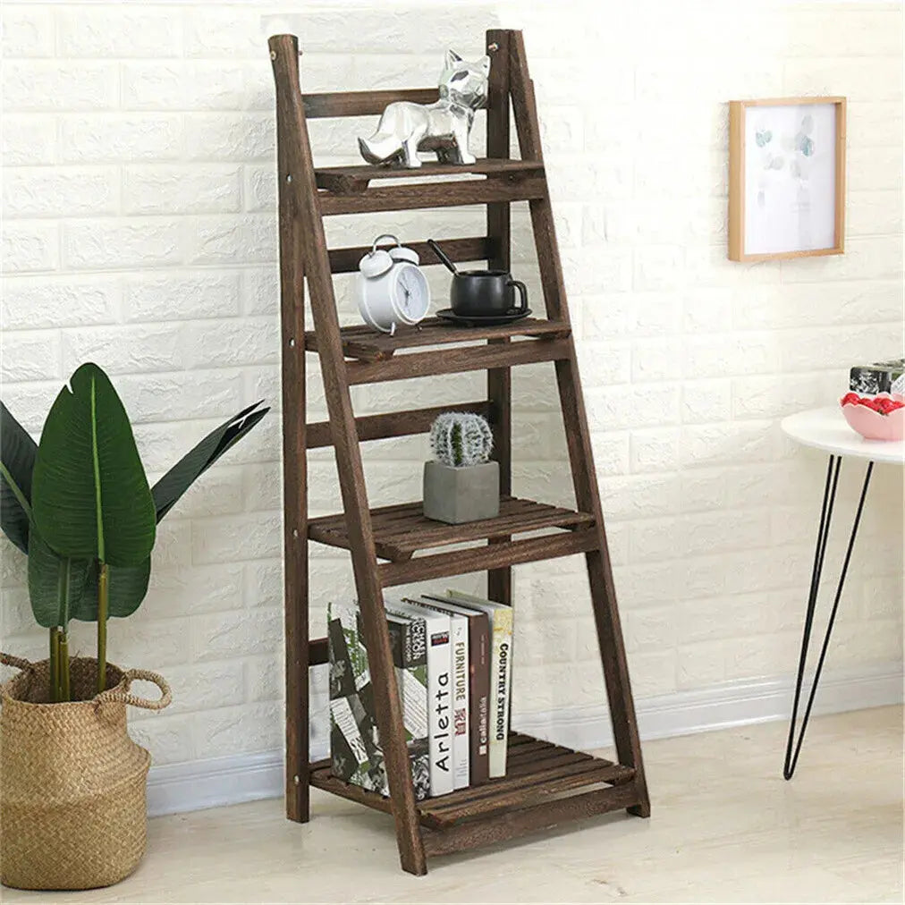 Folding 4 Tier Ladder Shelf Storage Shelving Unit Wooden Bookcase Plant Display - Royalcart