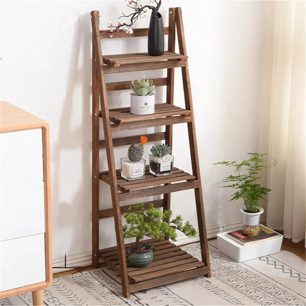 Folding 4 Tier Ladder Shelf Storage Shelving Unit Wooden Bookcase Plant Display - Royalcart