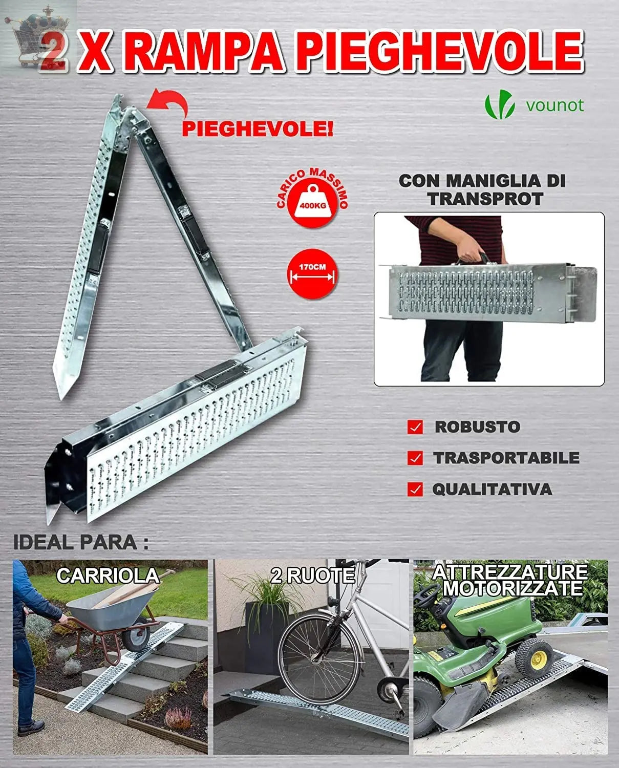 Folding ramp | Loading ramps 400 kg max | Folding ramp for Moto and access ramp | Resistant and convenient | Size 160 x 22.5x 4.5cm Royalcart