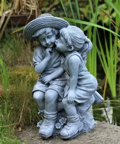 Garden Ornaments Boy & Girl Loving Kissing Cherub Statue Decor Beige Grey Large Royalcart