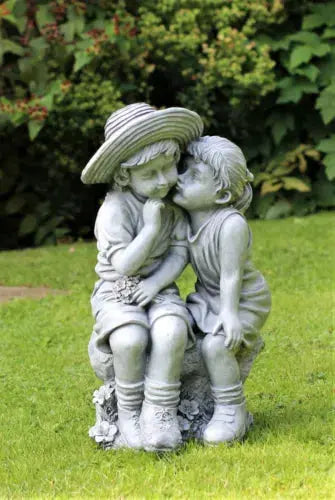 Garden Ornaments Boy & Girl Loving Kissing Cherub Statue Decor Beige Grey Large Royalcart